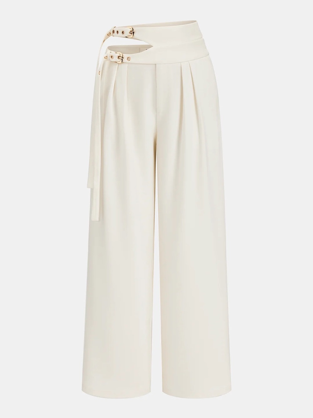 Cut Out Double Buckle Wide Leg Pants High-Waist Cream Trousers asyou lioness pq